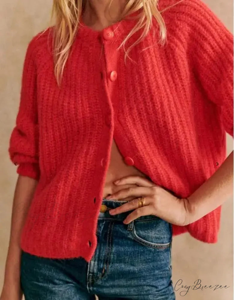Crew Neck Button-Down Knit Cardigan red / S cardigans-241228