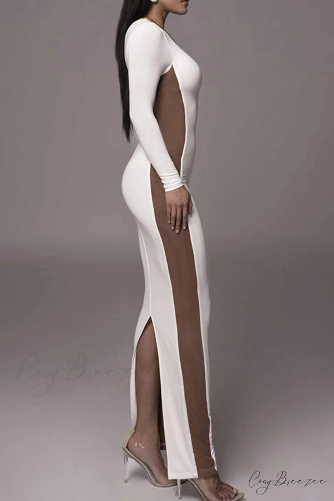 Crew Neck Long Sleeve Slit Midi Dress