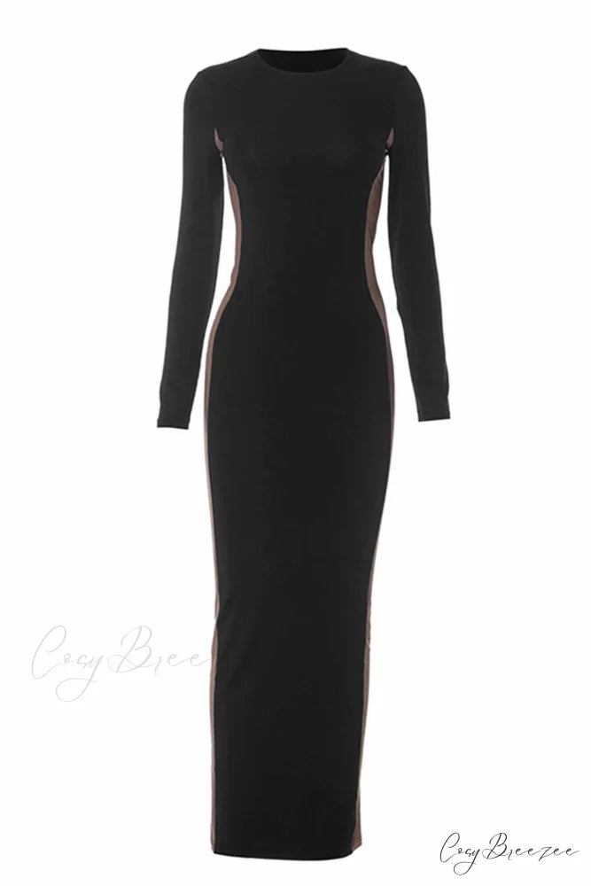 Crew Neck Long Sleeve Slit Midi Dress