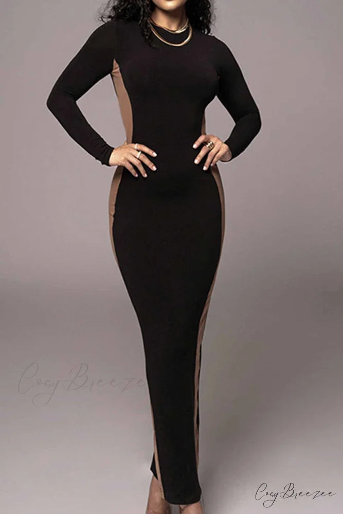 Crew Neck Long Sleeve Slit Midi Dress Black / L