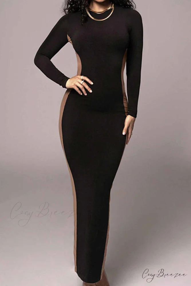 Crew Neck Long Sleeve Slit Midi Dress Black / M