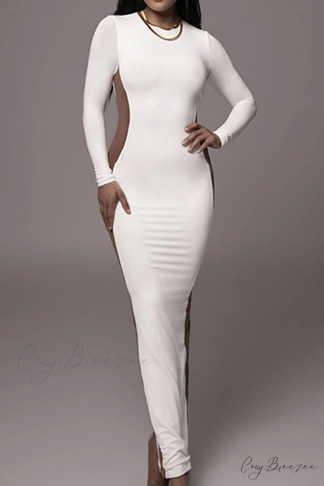 Crew Neck Long Sleeve Slit Midi Dress White / S