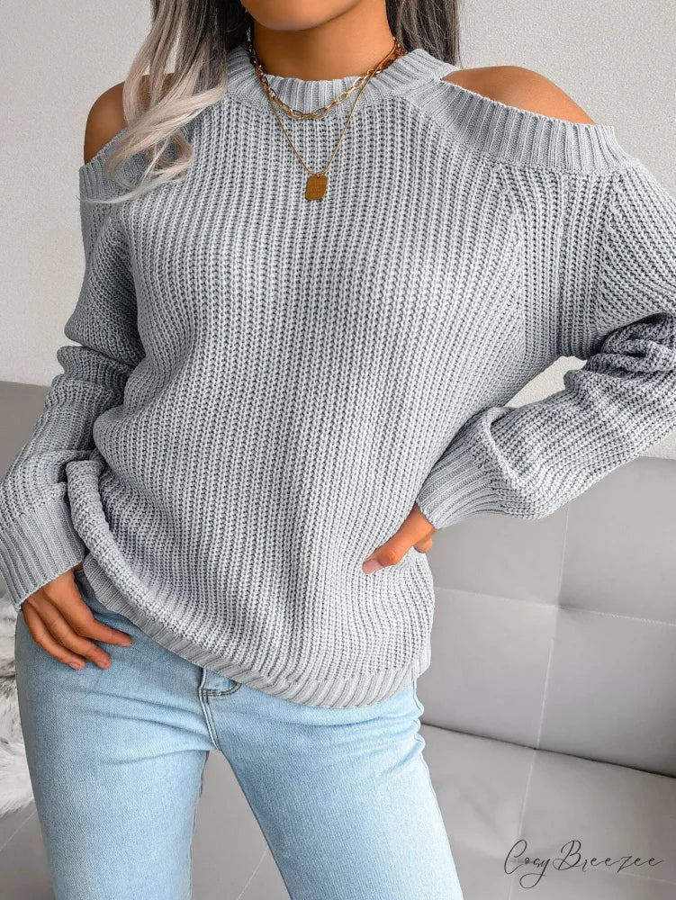 Crew Neck Off Shoulder Long Sleeve Sweater Gray / S swraters-241228