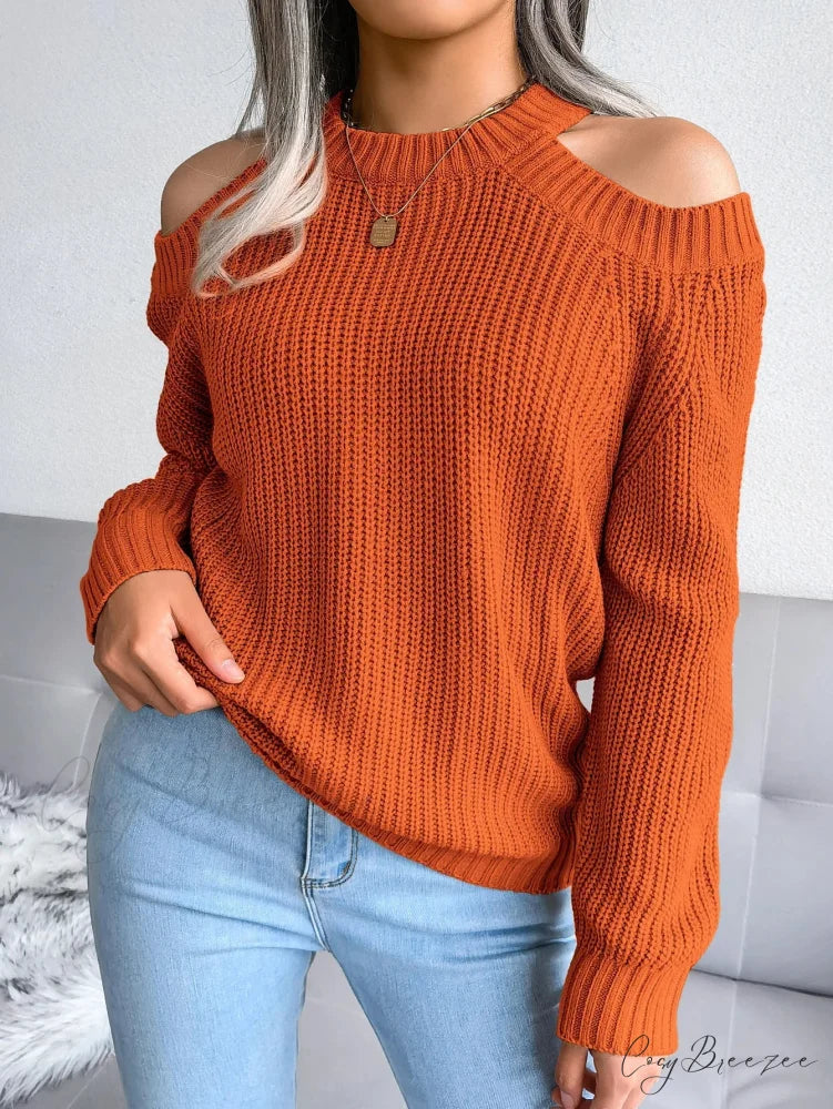 Crew Neck Off Shoulder Long Sleeve Sweater Orange / S swraters-241228