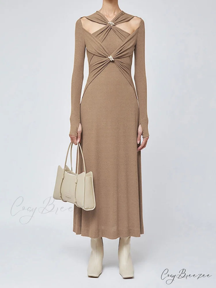 Criss Cross Cut Trendy Out Long Dress Brown / S