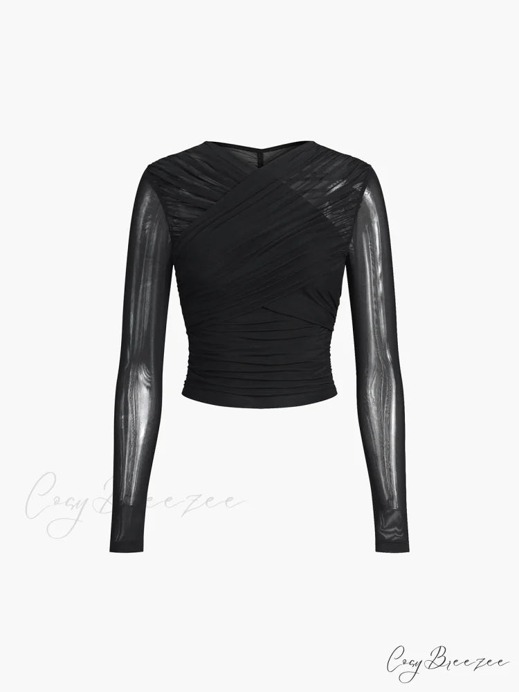 Criss Cross Mesh Trendy Long Sleeve Top