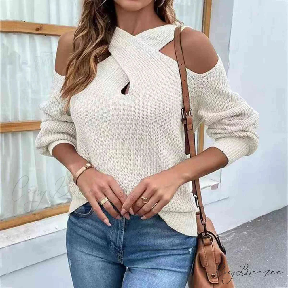 Crisscross Cold-Shoulder Sweater White / S