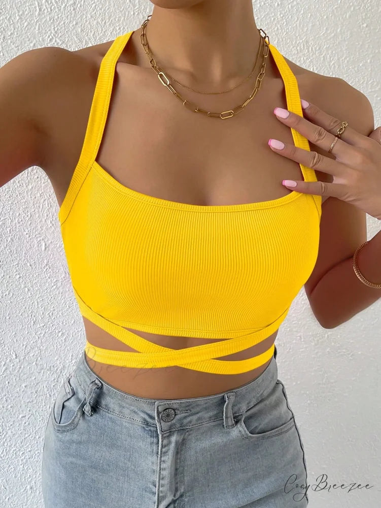 Crisscross Tie Backless Crop Cami Top Yellow / XS