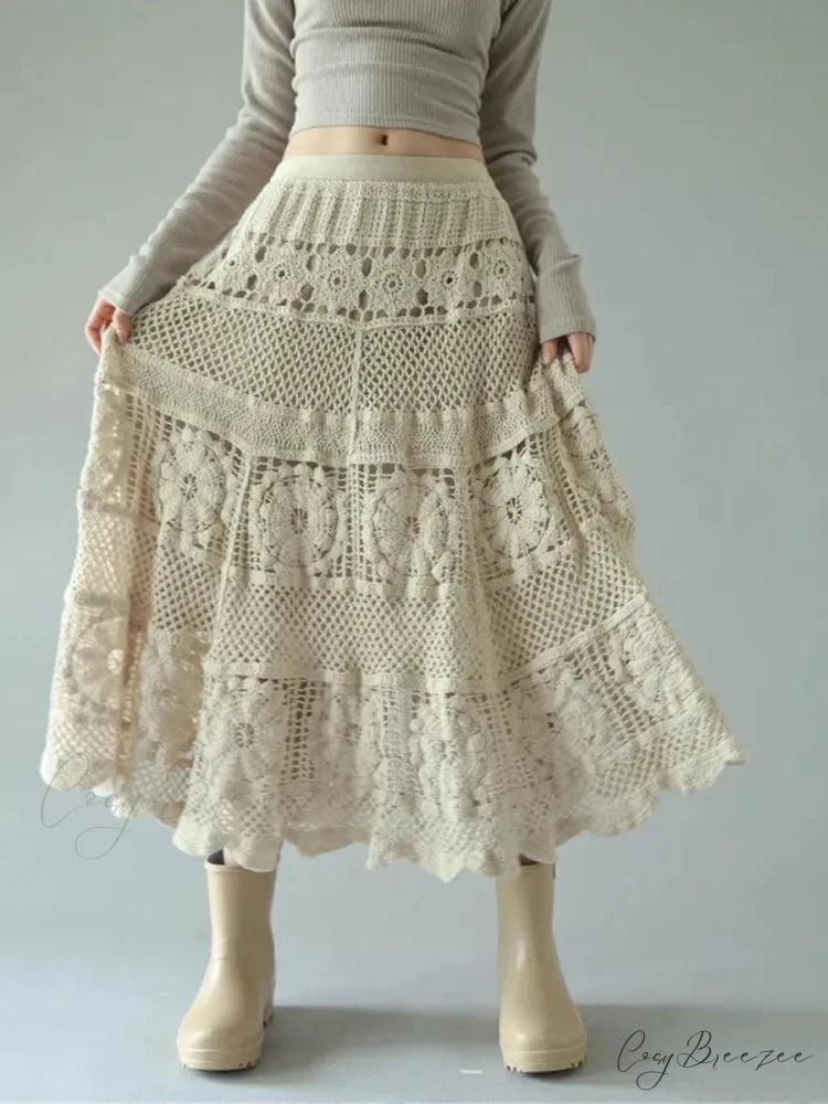 Crochet Flower Hollowed Out Elastic Waist Skirt Apricot / One Size skirt-250126