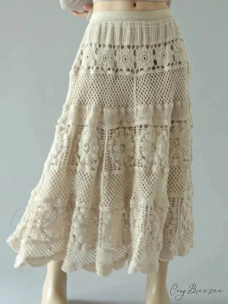Crochet Flower Hollowed Out Elastic Waist Skirt Apricot / One Size skirt-250126