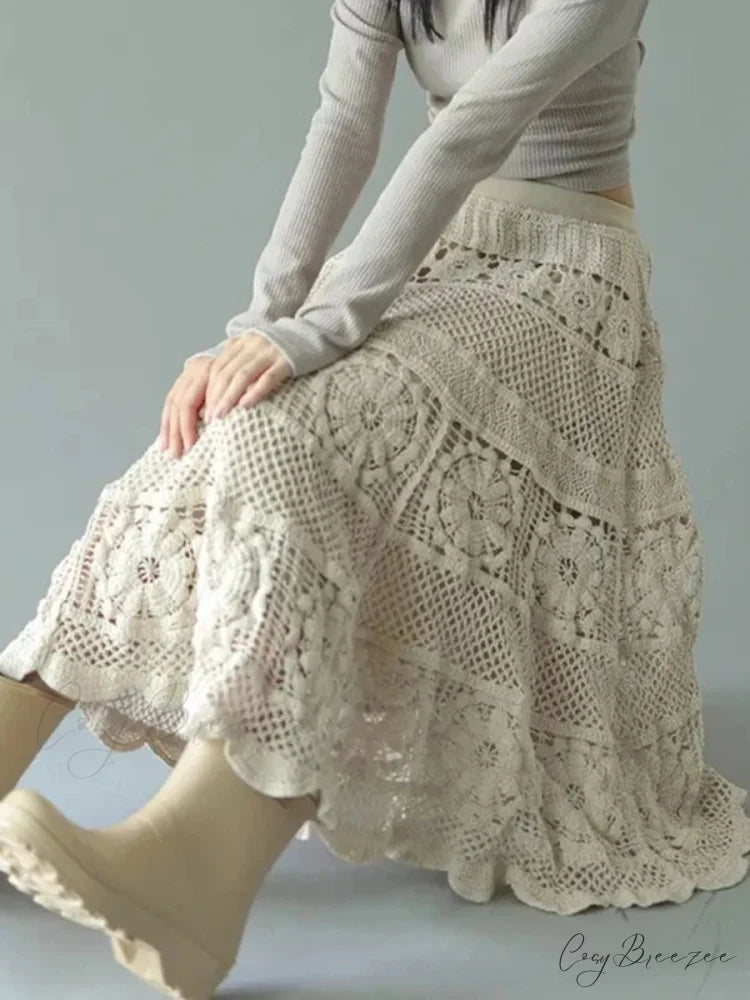 Crochet Flower Hollowed Out Elastic Waist Skirt Apricot / One Size skirt-250126