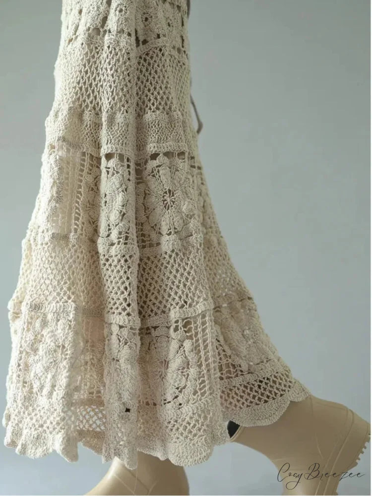Crochet Flower Hollowed Out Elastic Waist Skirt Apricot / One Size skirt-250126