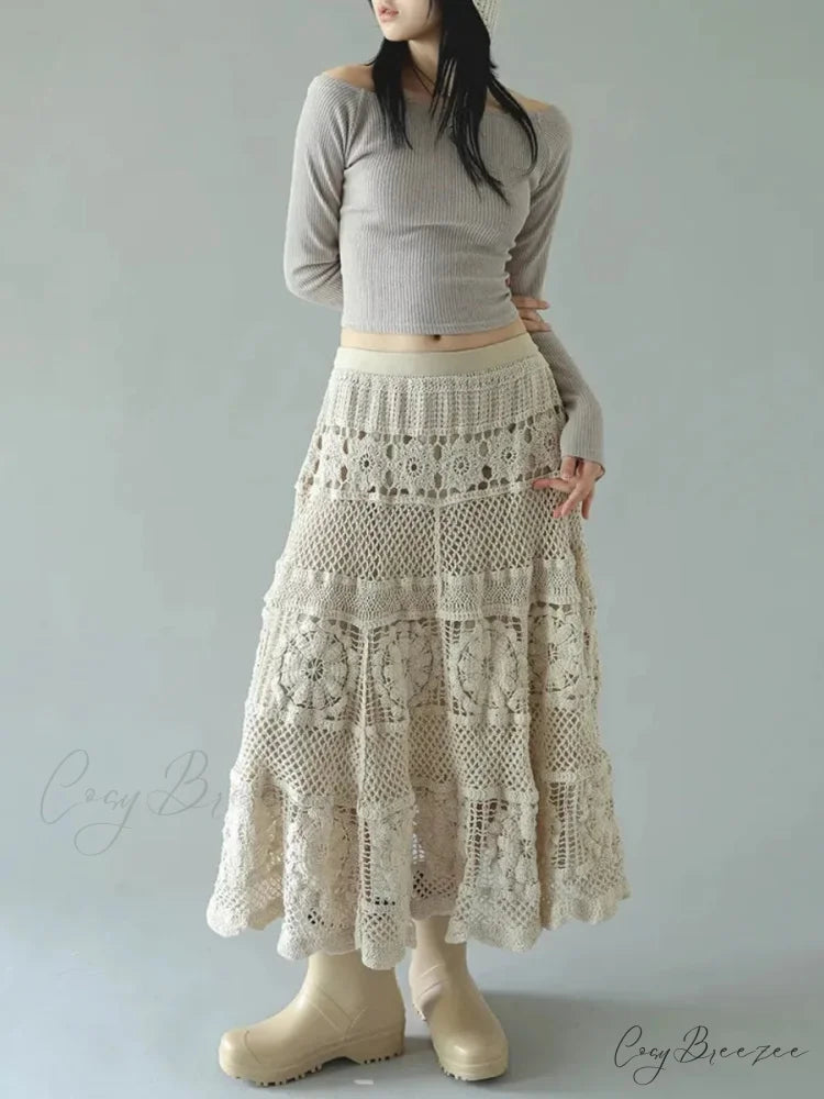 Crochet Flower Hollowed Out Elastic Waist Skirt Apricot / One Size skirt-250126