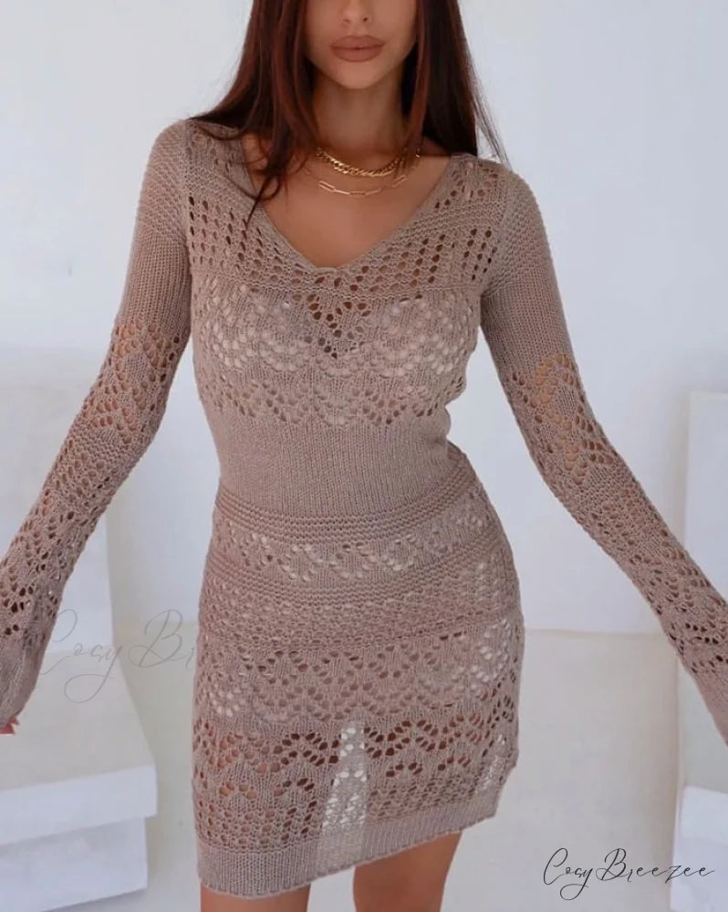 Crochet Hollow Graceful Out Midi Dress Brown / XS