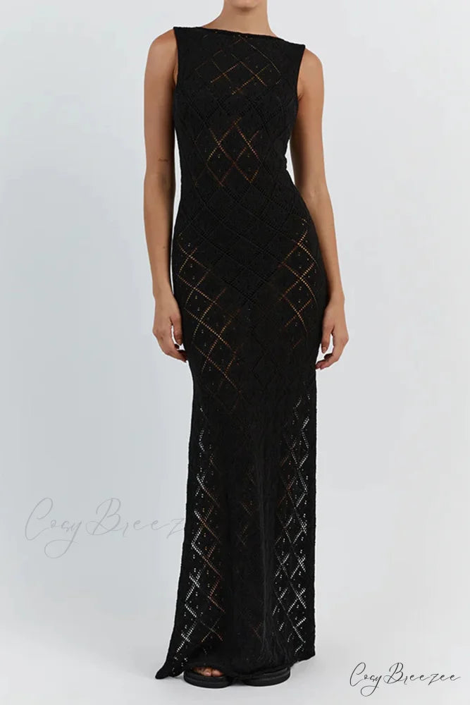 Crochet Hollow Out Knit Tank Dress with Rhombus Pattern