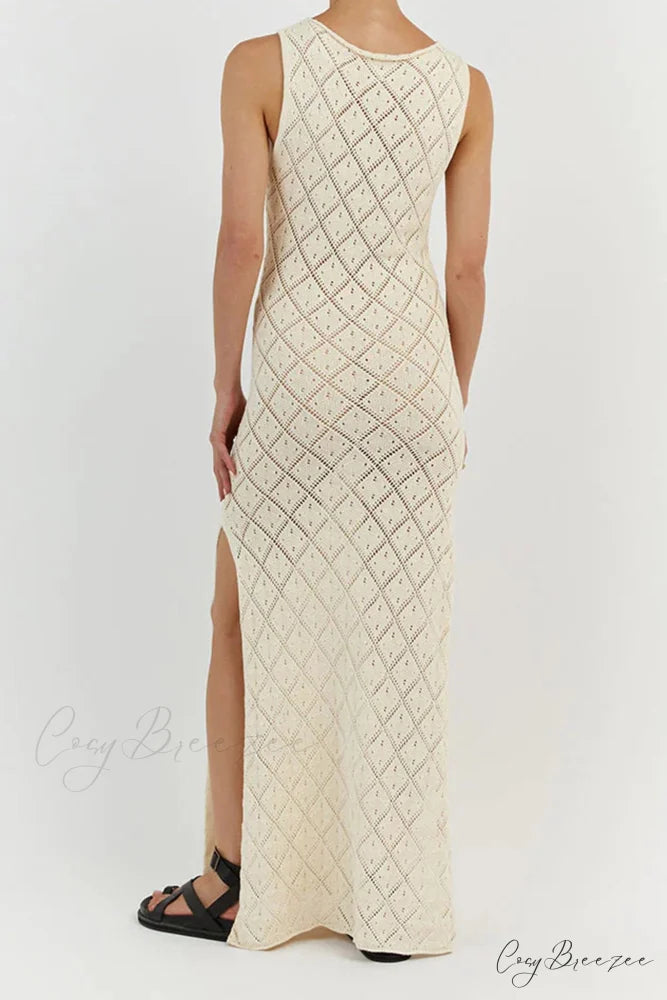 Crochet Hollow Out Knit Tank Dress with Rhombus Pattern Apricot / L