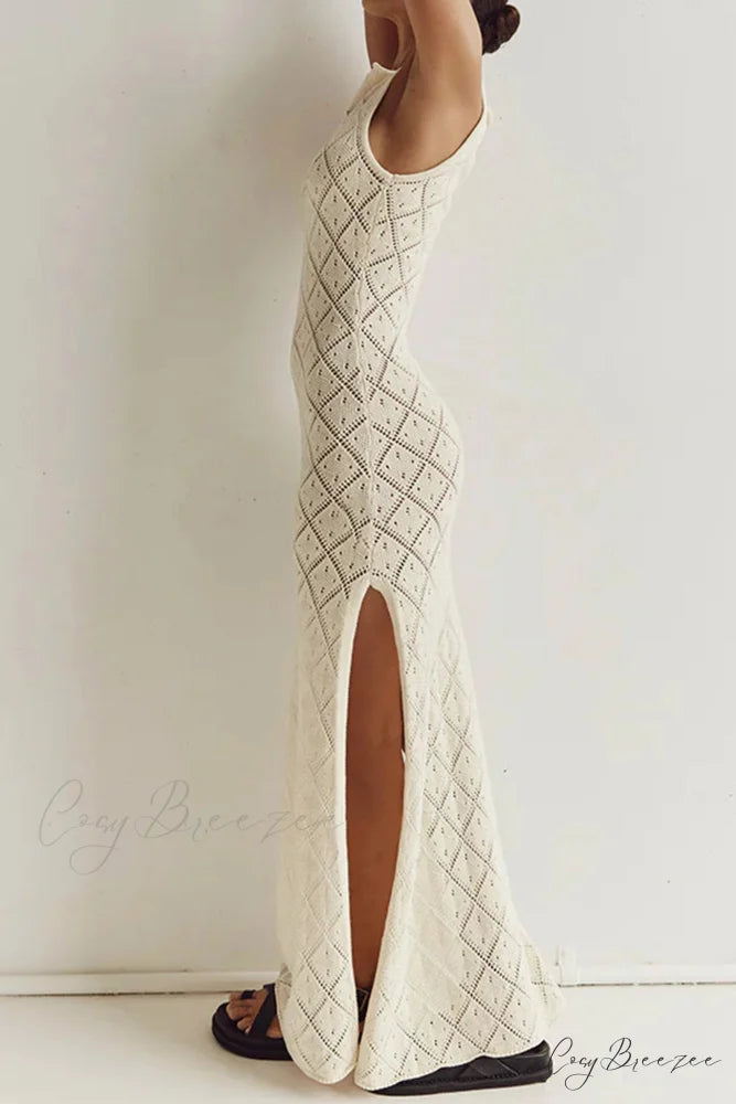 Crochet Hollow Out Knit Tank Dress with Rhombus Pattern Apricot / M