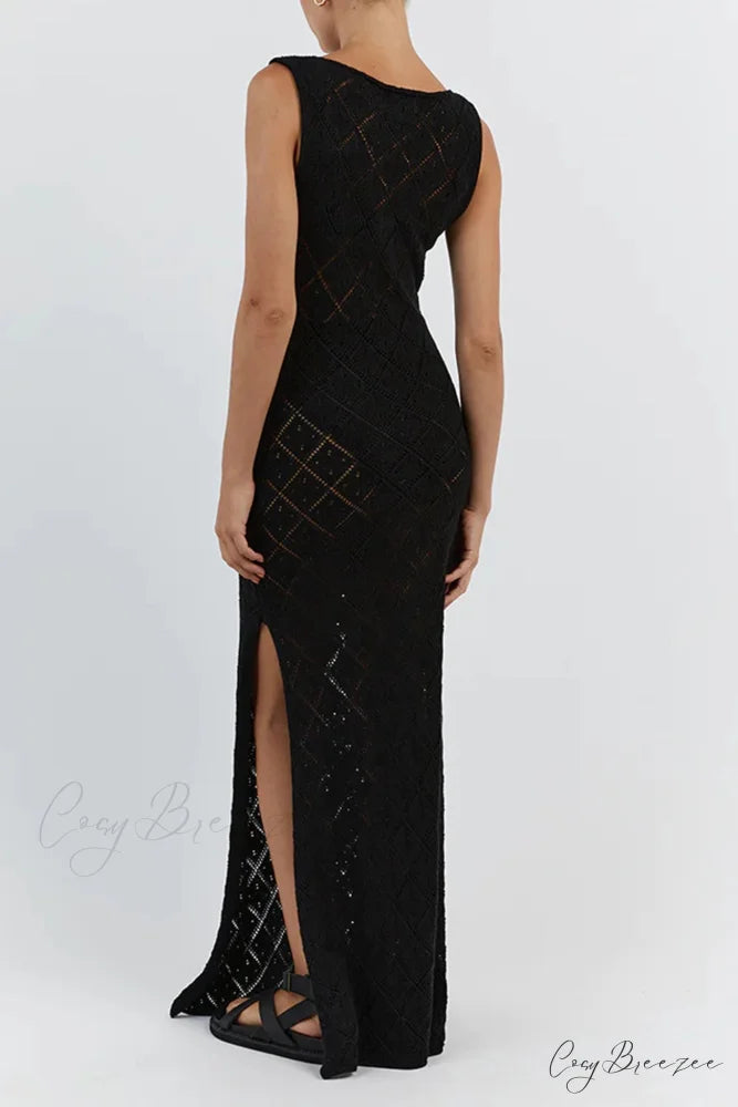 Crochet Hollow Out Knit Tank Dress with Rhombus Pattern Black / L