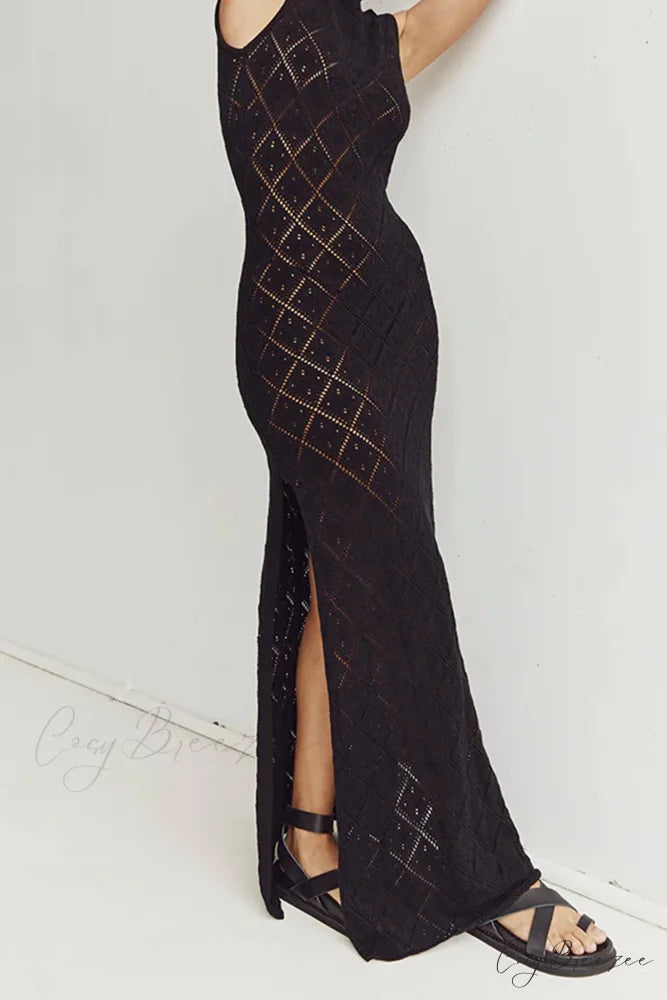 Crochet Hollow Out Knit Tank Dress with Rhombus Pattern Black / S