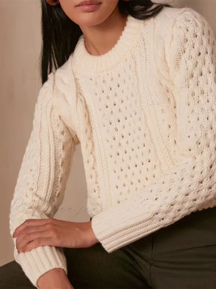 Crochet Round Neck Long Sleeve Sweater swraters-241228
