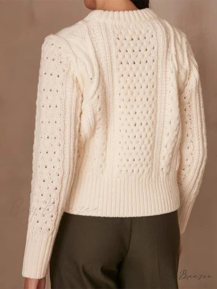 Crochet Round Neck Long Sleeve Sweater swraters-241228