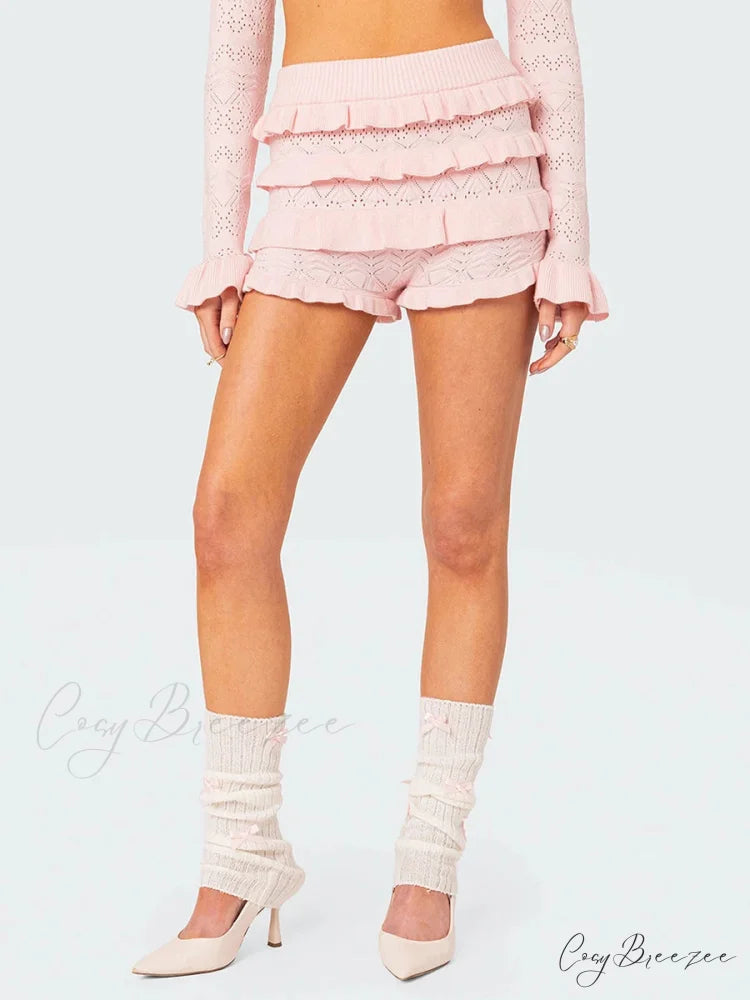 Crochet Ruffle Hollow-Out Shorts Pink / S short-250223