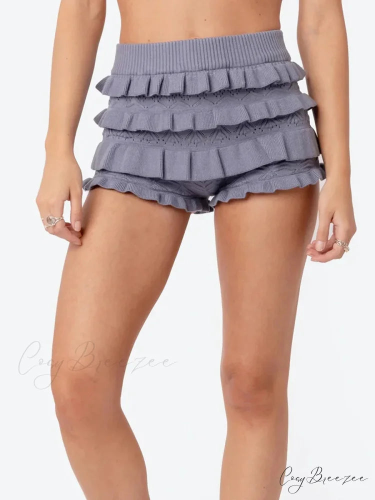 Crochet Ruffle Hollow-Out Shorts short-250223