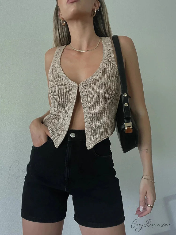 Crochet V-Neck Solid Crop Top beige / S croptop-250223