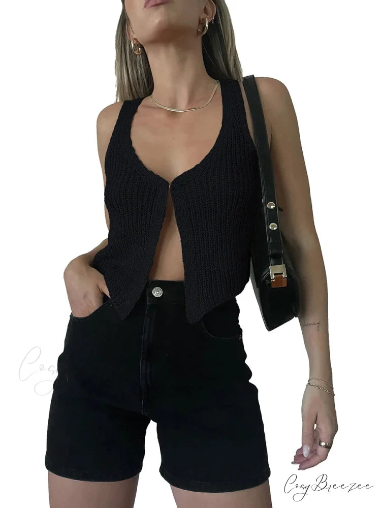 Crochet V-Neck Solid Crop Top black / S croptop-250223