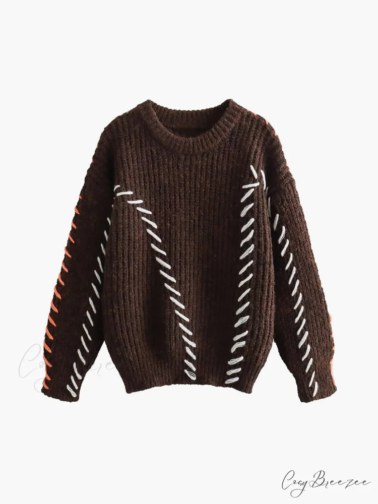 Crocheted Contrast Trim Trendy Ribbed Knit Sweater