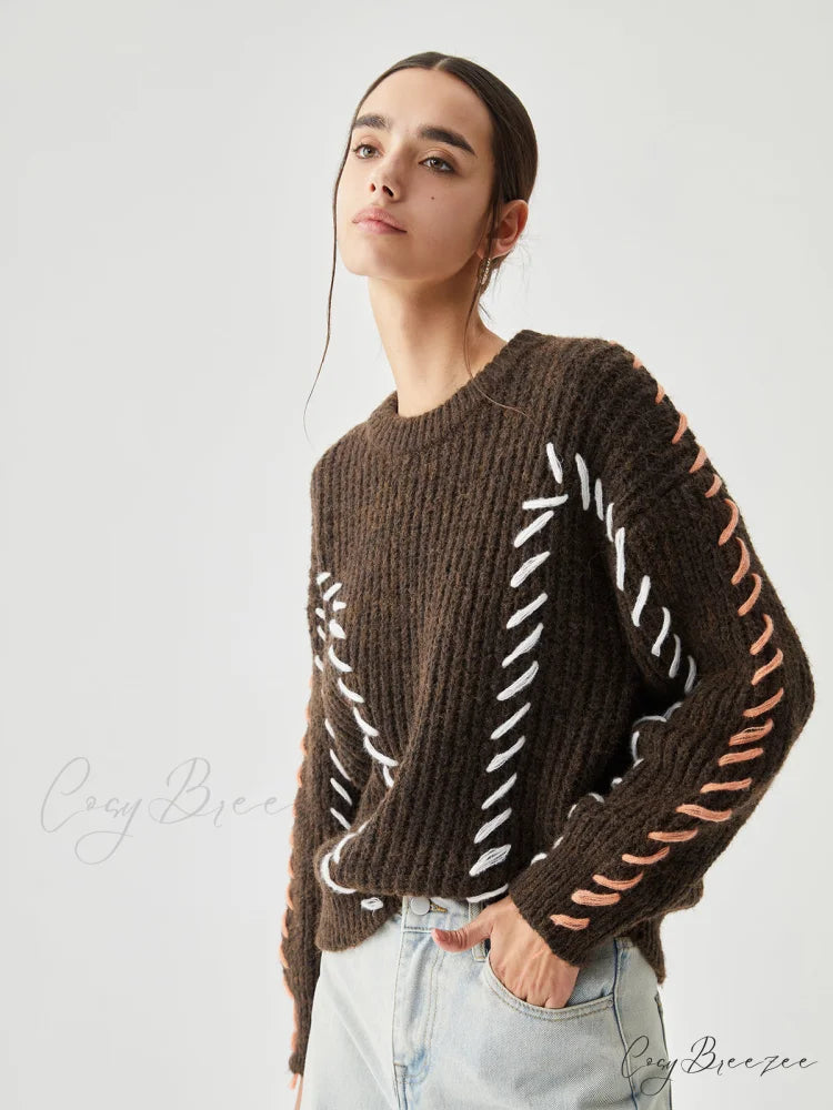 Crocheted Contrast Trim Trendy Ribbed Knit Sweater