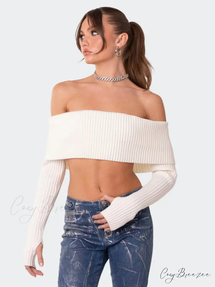 Crop Sweater and Long-Sleeved Comfortable Sexy Chest-Wrapped Top Woolen Sweater White / S