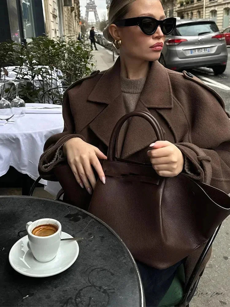 Cropped Belt Wool Blend Lapel Coat overcoats-241228