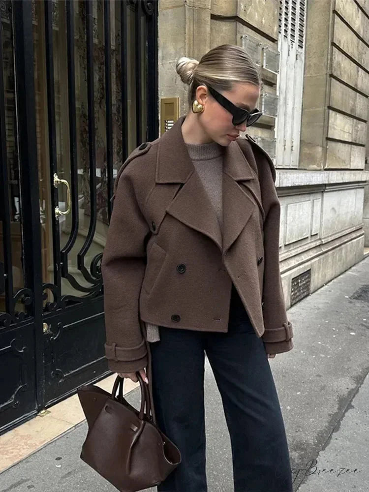 Cropped Belt Wool Blend Lapel Coat overcoats-241228