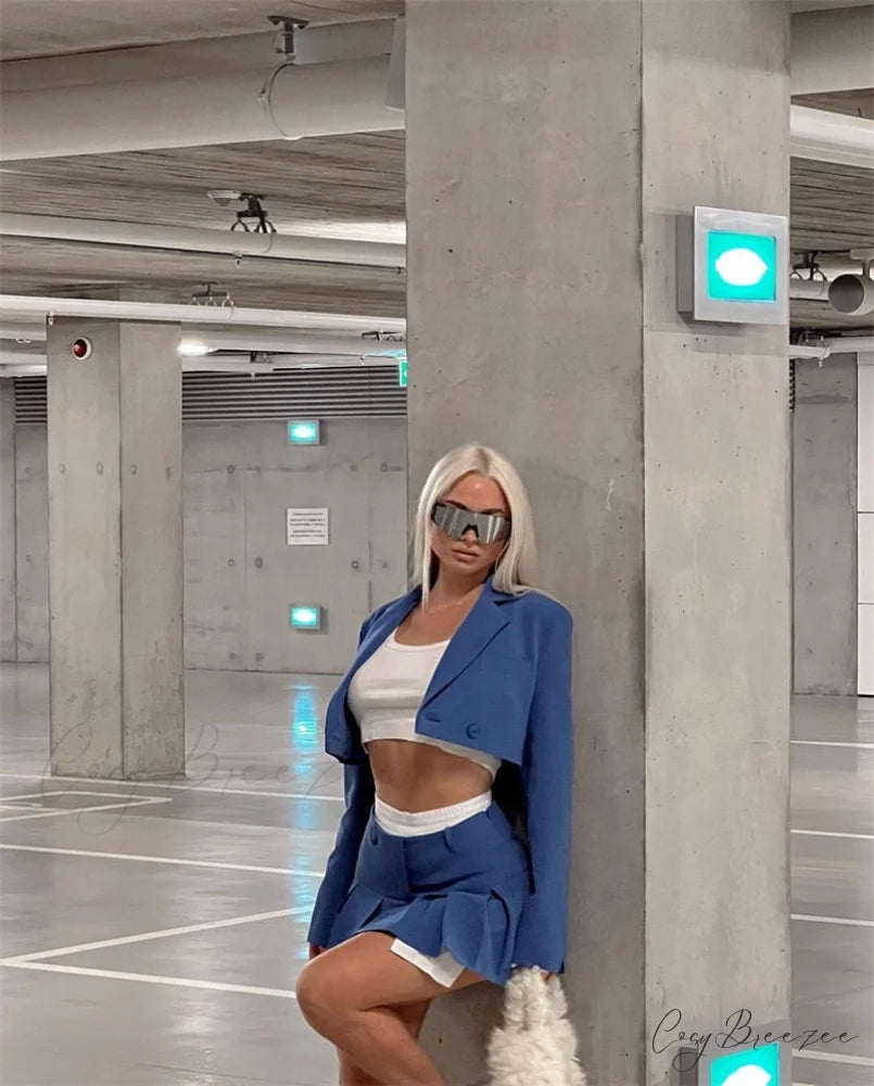 Cropped Blazer And Charming Pleated Mini Skirt Set