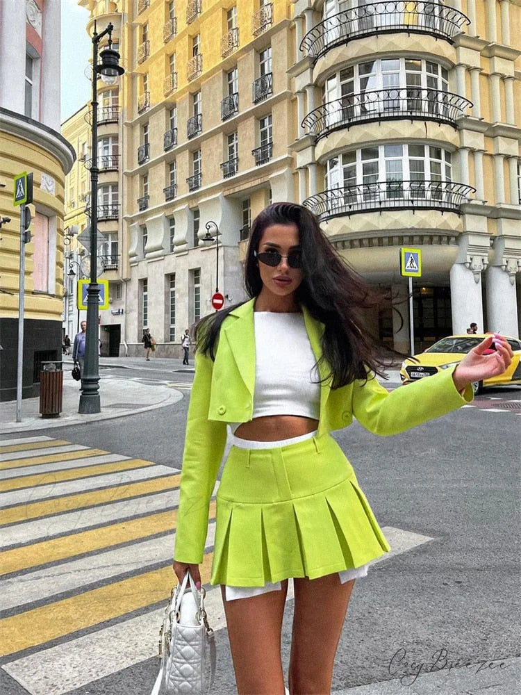 Cropped Blazer And Charming Pleated Mini Skirt Set