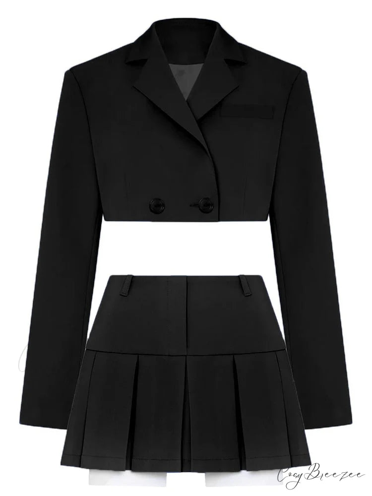 Cropped Blazer And Charming Pleated Mini Skirt Set Black Suit / S