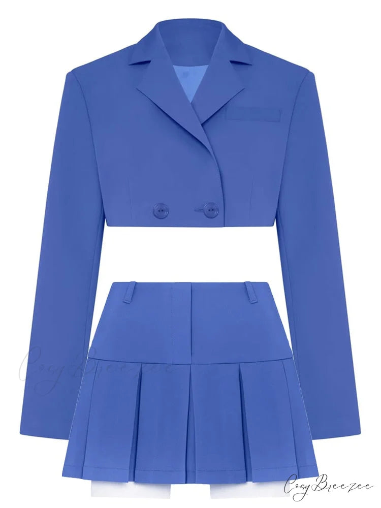 Cropped Blazer And Charming Pleated Mini Skirt Set Blue Suit / S