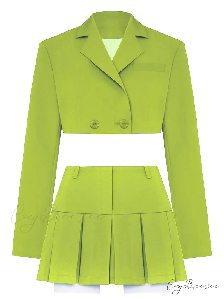 Cropped Blazer And Charming Pleated Mini Skirt Set Green Suit / S