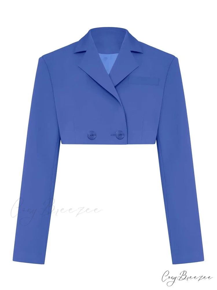 Cropped Blazer And Charming Pleated Mini Skirt Set Only Blue Coat / S