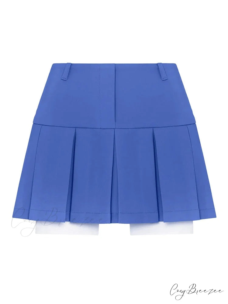 Cropped Blazer And Charming Pleated Mini Skirt Set Only Blue Skirts / S