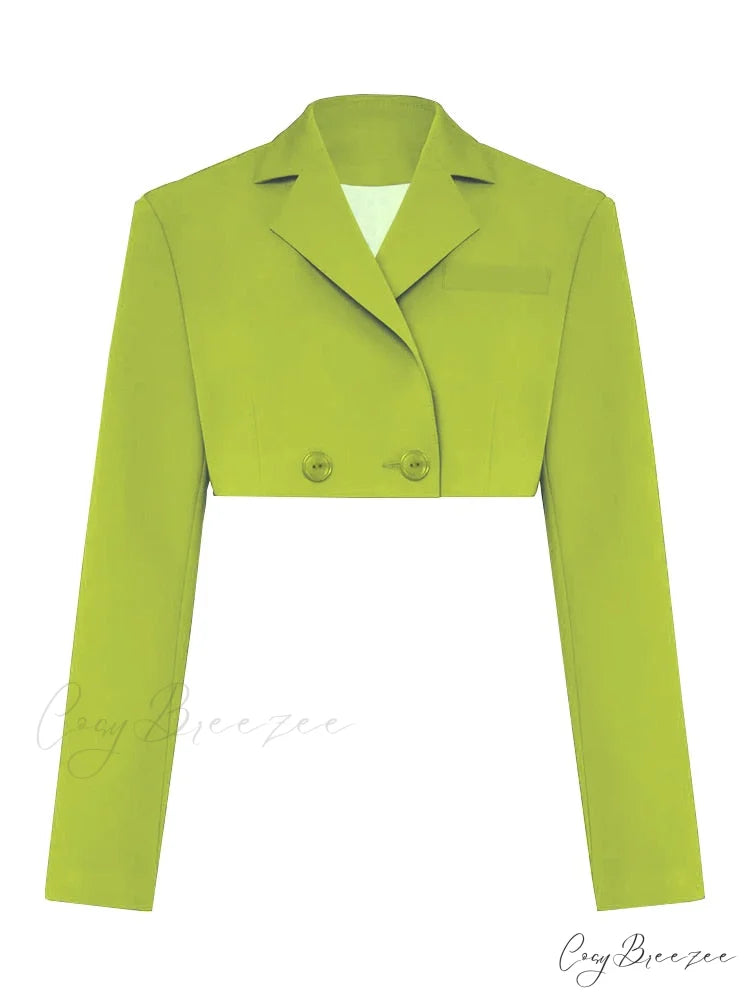 Cropped Blazer And Charming Pleated Mini Skirt Set Only Green Coat / S