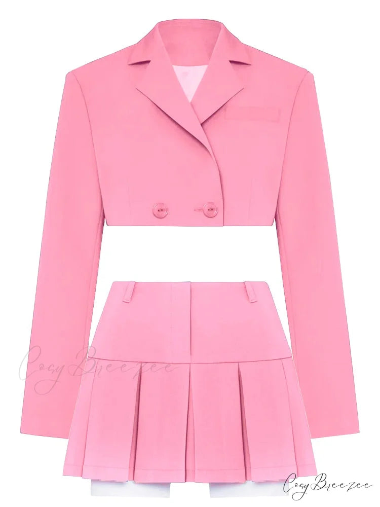Cropped Blazer And Charming Pleated Mini Skirt Set Pink Suit / S