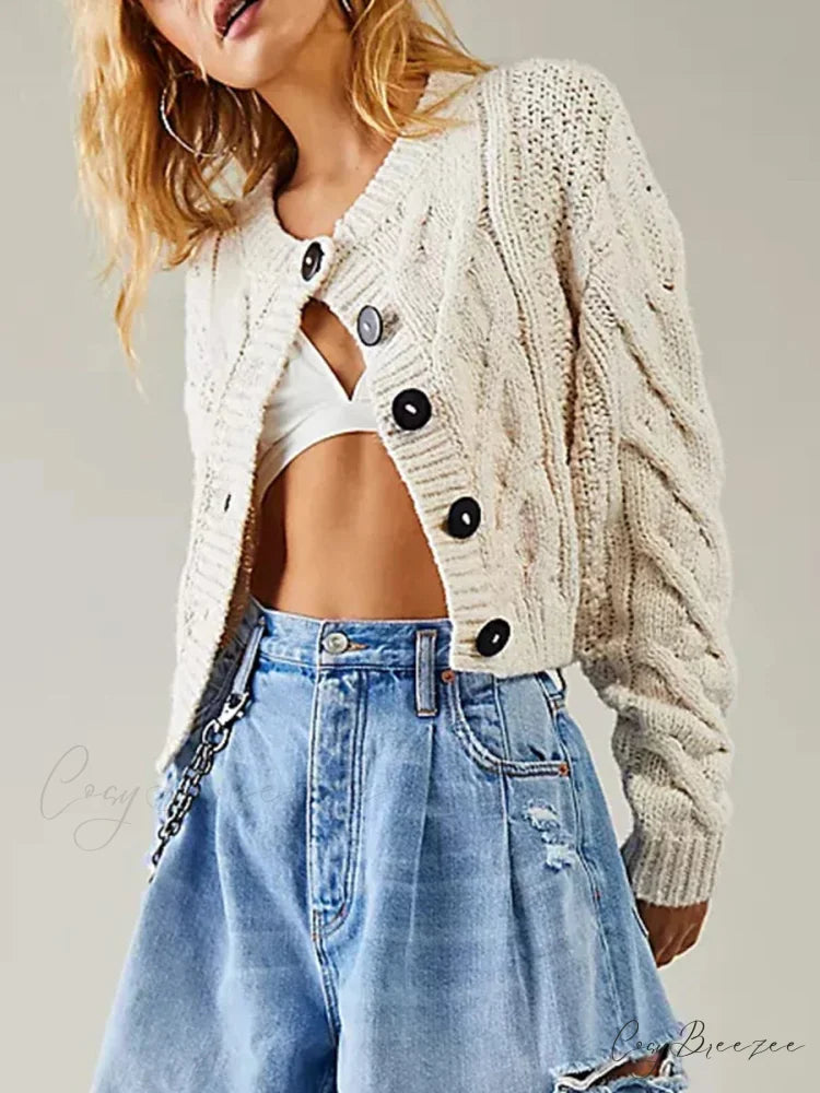Cropped Cable Knit Button-Down Cardigan cardigans-241228