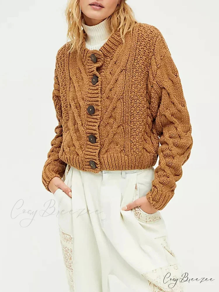 Cropped Cable Knit Button-Down Cardigan cardigans-241228