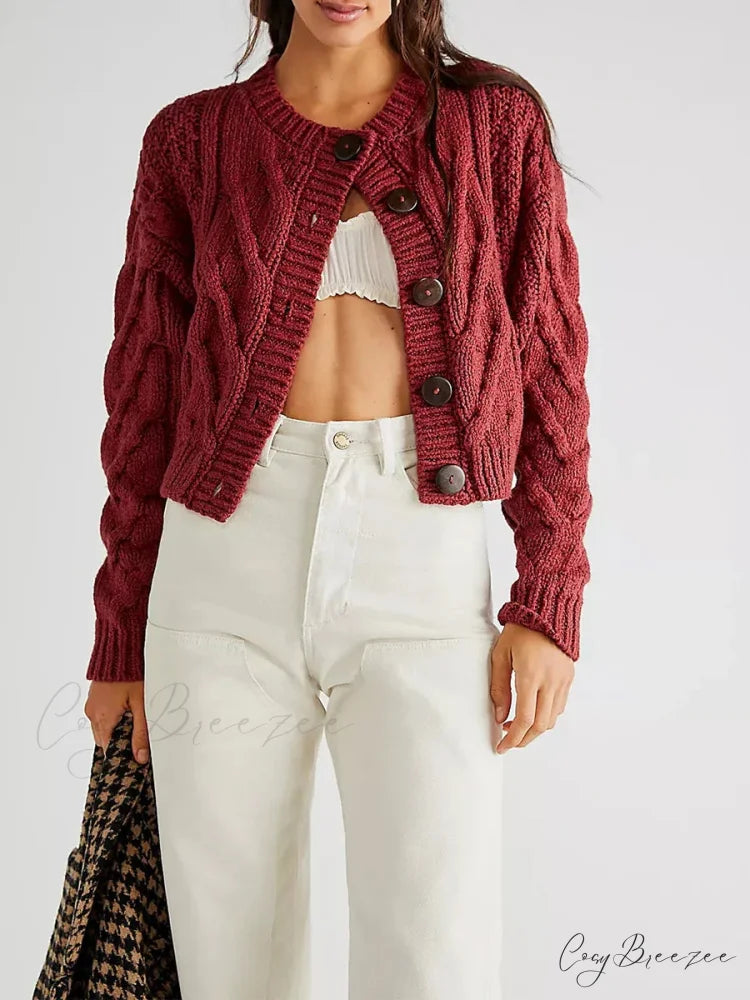 Cropped Cable Knit Button-Down Cardigan cardigans-241228