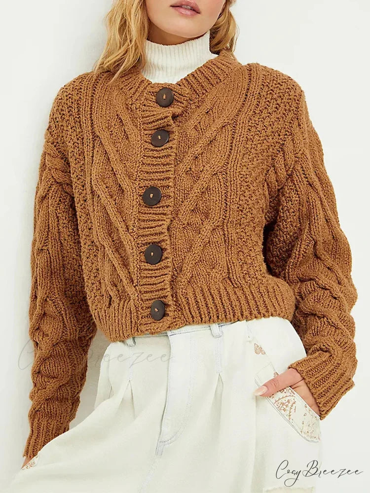 Cropped Cable Knit Button-Down Cardigan coffee / S cardigans-241228