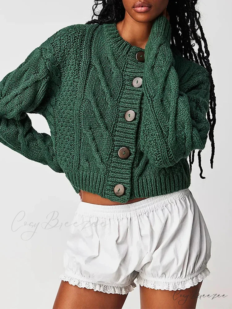 Cropped Cable Knit Button-Down Cardigan green / S cardigans-241228