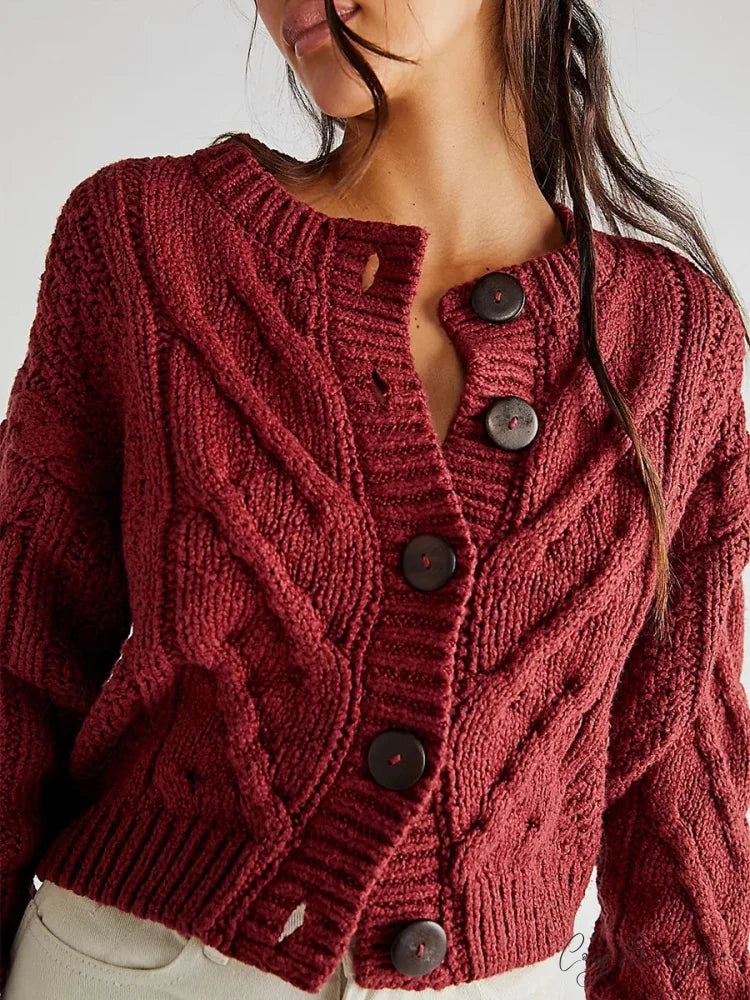 Cropped Cable Knit Button-Down Cardigan wine red / S cardigans-241228