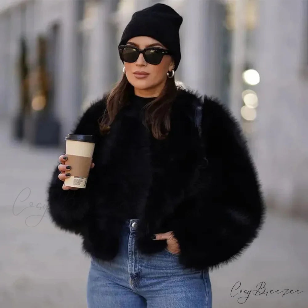 Cropped Faux Stylish Fur Coat black / S